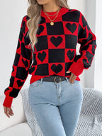 Women's Color-Blocked Plaid Heart Lantern Sleeve Pullover Sweater For Valentine's Day