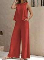 Solid Color Casual Loose Pants Sets For Women Elegant Spring Summer Women's Two Pieces Suit Full Trouser Set Female Outfit Clothes