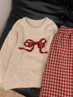 Round-neck Pullover Black Sweater With Bow Detailloose-fitting Comfy Knit Top