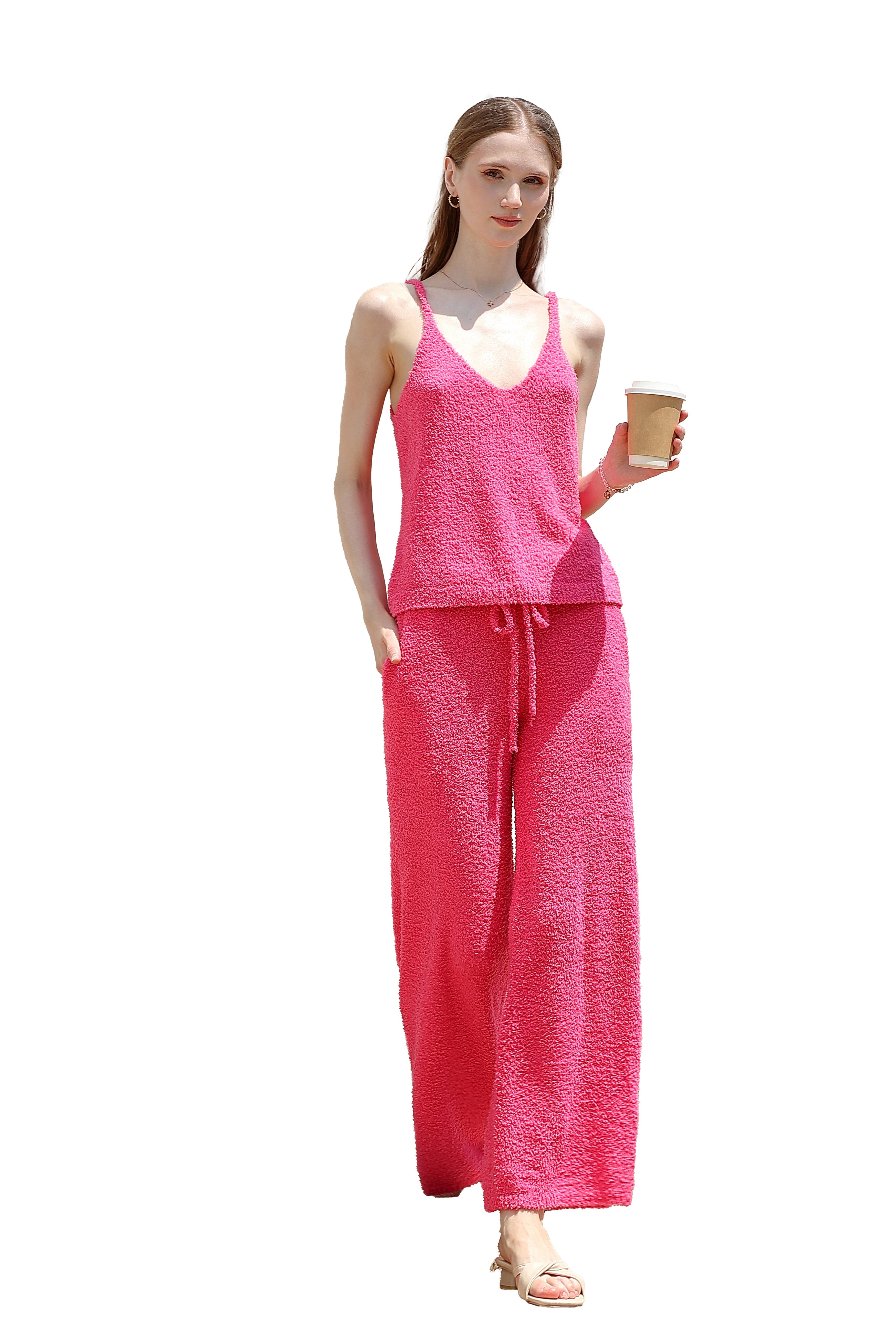 Women's Plush Two-piece Jumpsuit, Short-sleeved Bandeau Top, Wide-leg Pants, Eye-catching Outfit