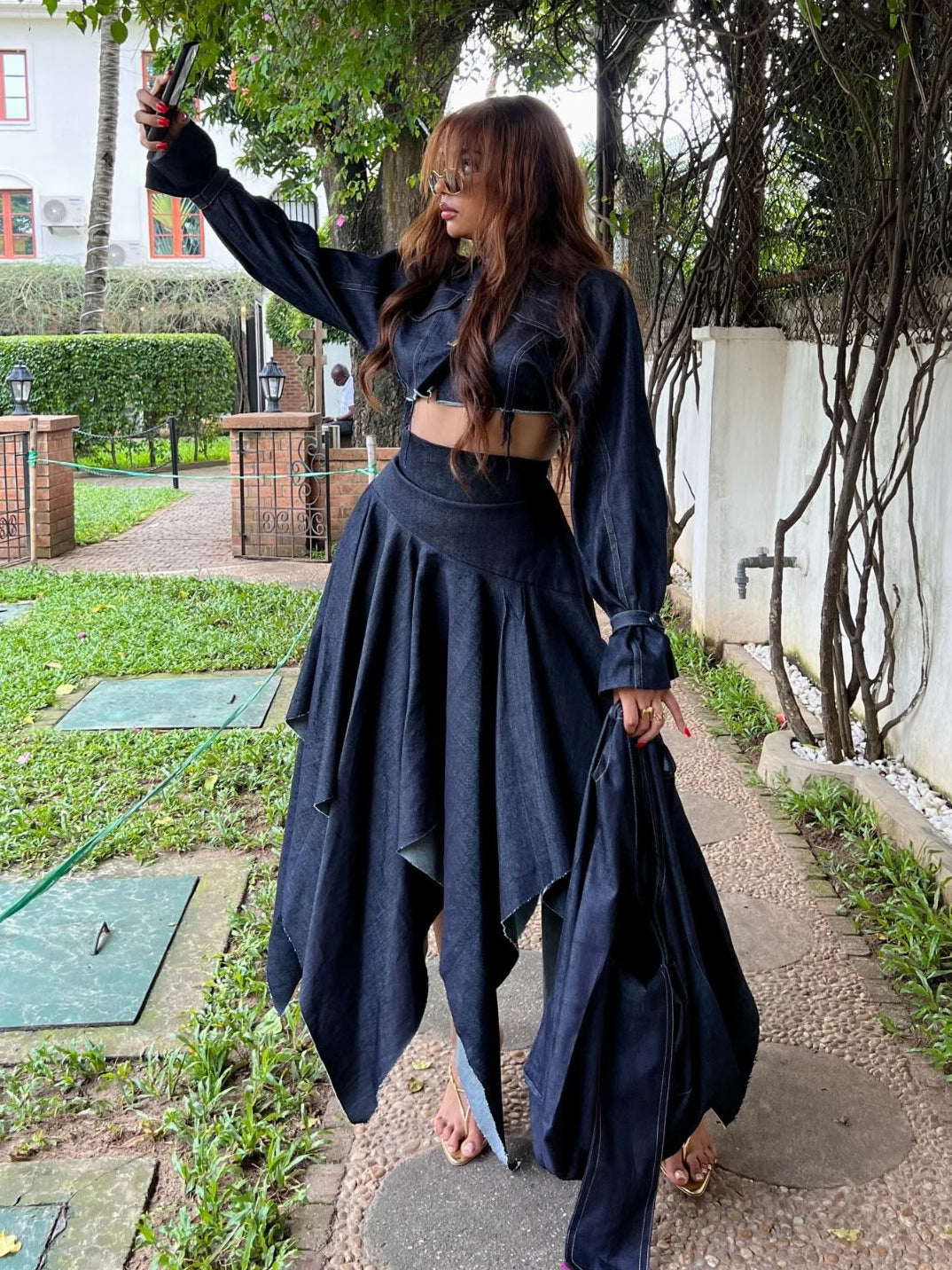 Chic Long-sleeved Cropped Jacket & Irregular Hem Denim Skirt Set
