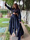 Chic Long-sleeved Cropped Jacket & Irregular Hem Denim Skirt Set