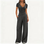 2 Pieces Women's V Neck Short-sleeve Sportswear Top And Wide-leg Pants Set Casual Comfortable Outfit Set For Daily Wear Gym Sports Outfit
