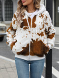 Hooded Zipper Plush Printed Cardigan Jacket