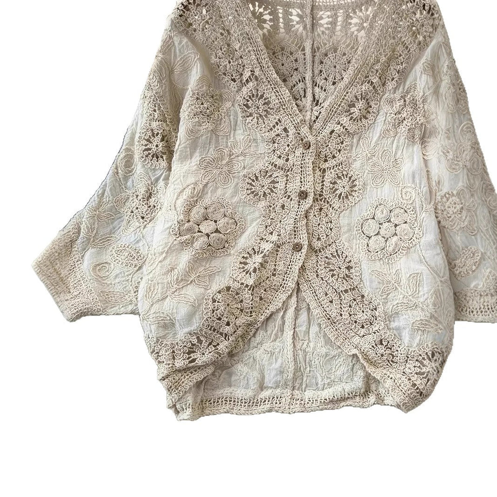 V-neck Hollow-out Knit Top With Three-quarter Sleevesloose-fit