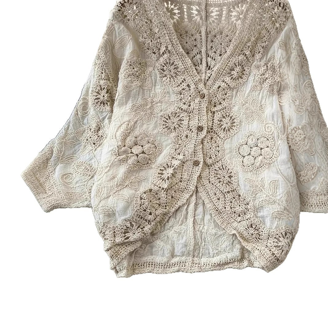 V-neck Hollow-out Knit Top With Three-quarter Sleevesloose-fit