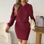 Women's Solid-Color Loose-Fit Hooded Long-Sleeve Casual Dress