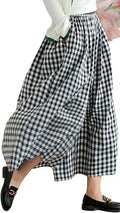 High-waisted Cotton-linen Plaid Wide-leg Pantskirt Loose-fitting Casual Trousers Elegant Style