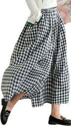 High-waisted Cotton-linen Plaid Wide-leg Pantskirt Loose-fitting Casual Trousers Elegant Style