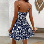 Round Neck Printed Strappy Tie Waist Dress For Women