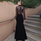 Women's Solid-Color High-Neck Hollow-Out Sheer Lace Bodycon Long-Sleeve Dress