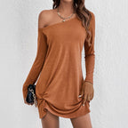 Solid-color Long-sleeve Dress With A Slash Neckline
