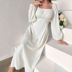 Women's Fashion Square-neck Tie-waist Figure-flattering A-line Dress With Long Sleeves And An Elegant Vibe