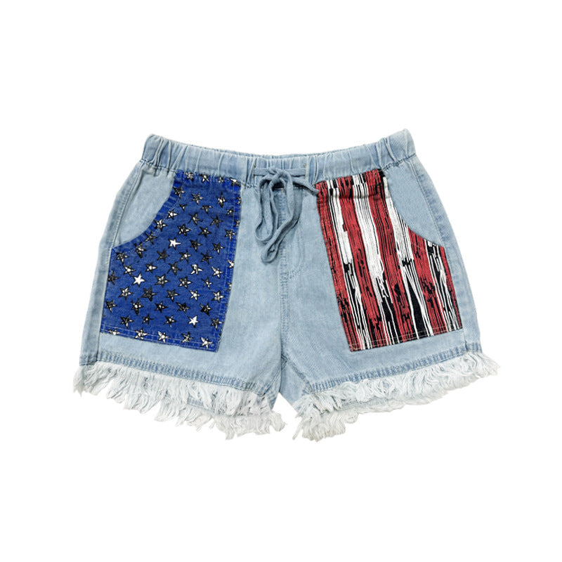 High-waisted Drawstring Fringe Denim Shorts For Women