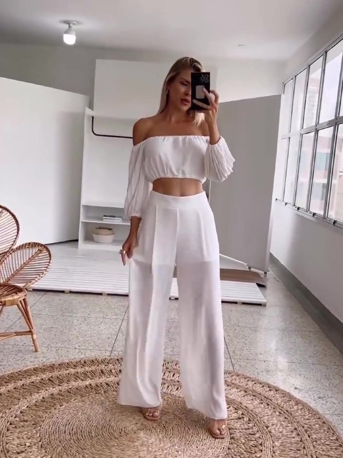 White One-shoulder Pleated Top & High-waisted Pants Set
