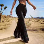 Solid Color Tight High-waisted Lace-trimmed Flared Pants