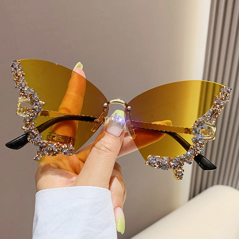 Luxus Diamant Schmetterling Sonnenbrille Damen Marke Y2K Vintage Randlose Oversized Sonnenbrille Damen Brillen Shades