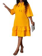 Elegant Solid Color Dress with Tie-Neck and Lantern Sleeves Dress