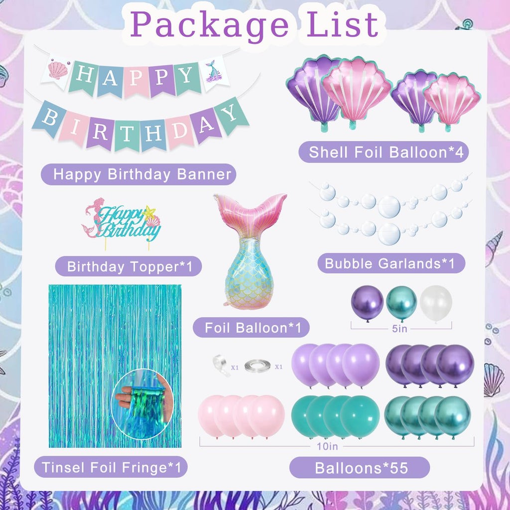 ABAOWO Mermaid Birthday Decorations Kit – Under the Sea Party Supplies with Balloons, Fringe Backdrop, and Banner
