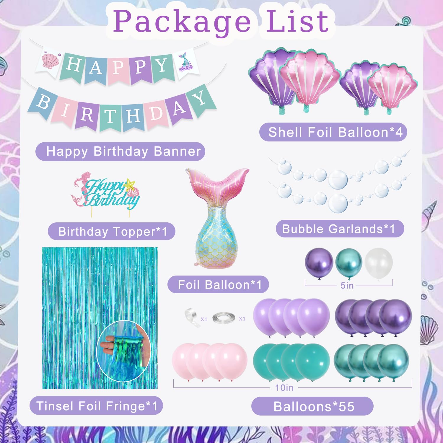 ABAOWO Mermaid Birthday Decorations Kit – Under the Sea Party Supplies with Balloons, Fringe Backdrop, and Banner