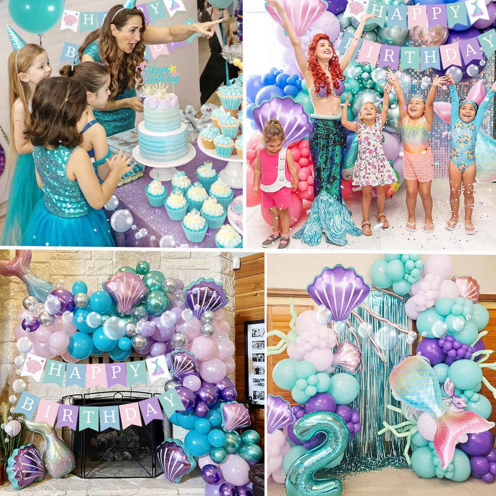 ABAOWO Mermaid Birthday Decorations Kit – Under the Sea Party Supplies with Balloons, Fringe Backdrop, and Banner