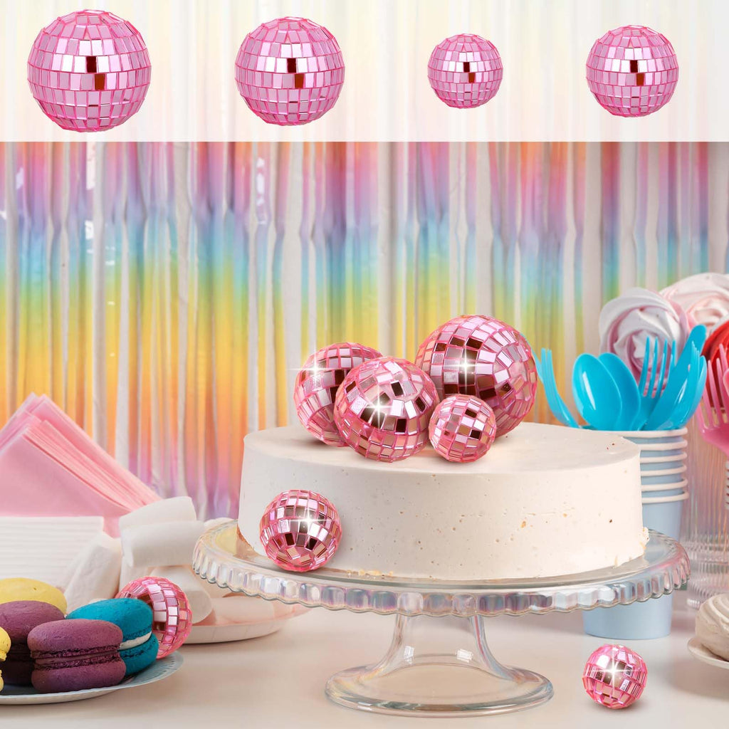 Abeillo 7PCS Pink Disco Ball Cake Topper – 4 Sizes, 70s Disco Theme Party Decor, Cupcake Toppers