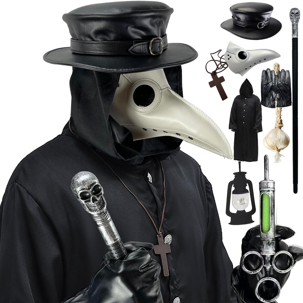 Absolute Vibe Plague Doctor Mask & Hat Combo — Halloween Steampunk Cosplay Set (L, WHITE-001)