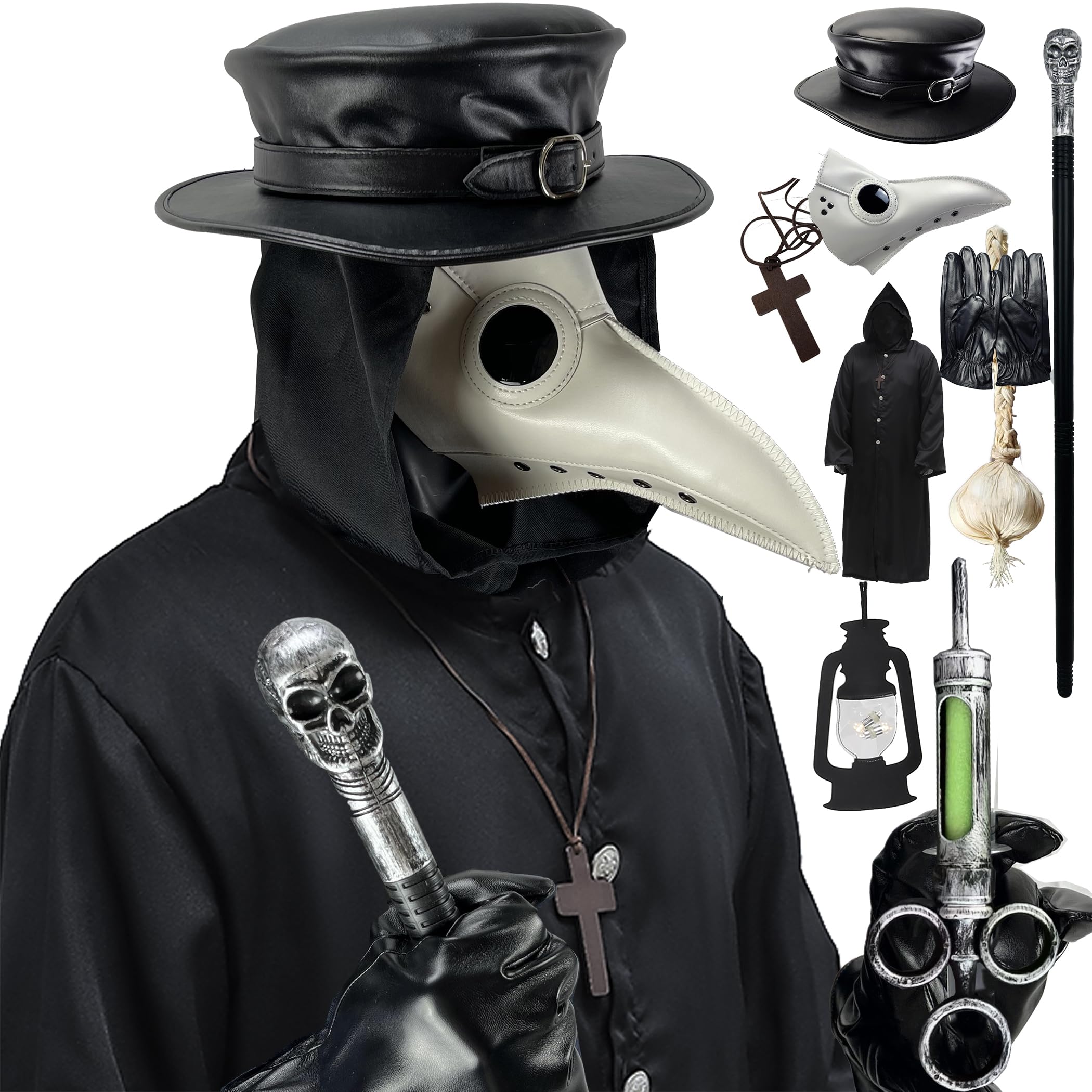Absolute Vibe Plague Doctor Mask & Hat Combo — Halloween Steampunk Cosplay Set (L, WHITE-001)