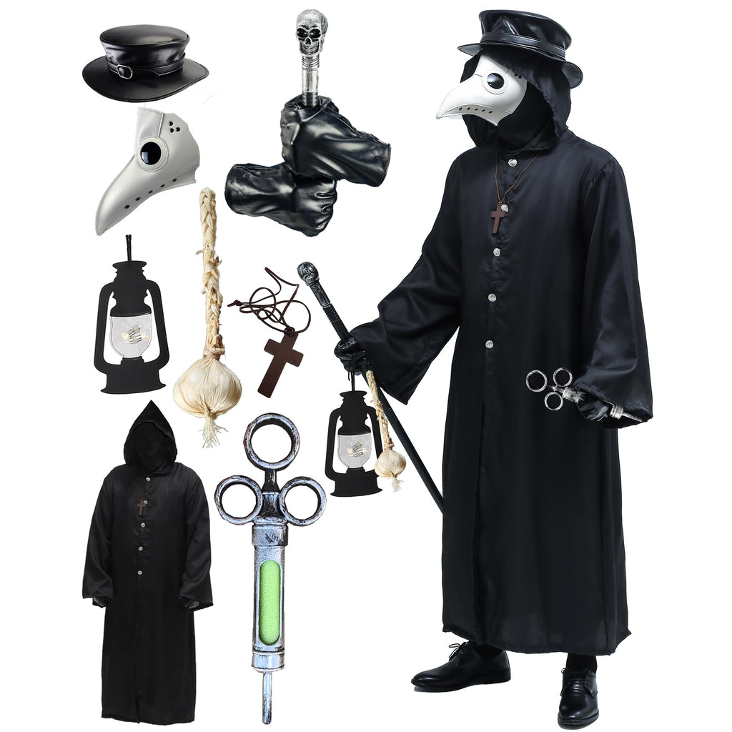 Absolute Vibe Plague Doctor Mask & Hat Combo — Halloween Steampunk Cosplay Set (L, WHITE-001)