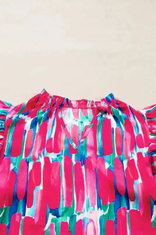 Abstract Brush Print Ruffled Cap Sleeve Frilled Blouse Women UK