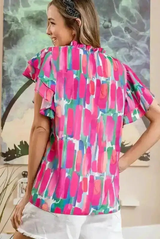 Abstract Brush Print Ruffled Cap Sleeve Frilled Blouse Women UK