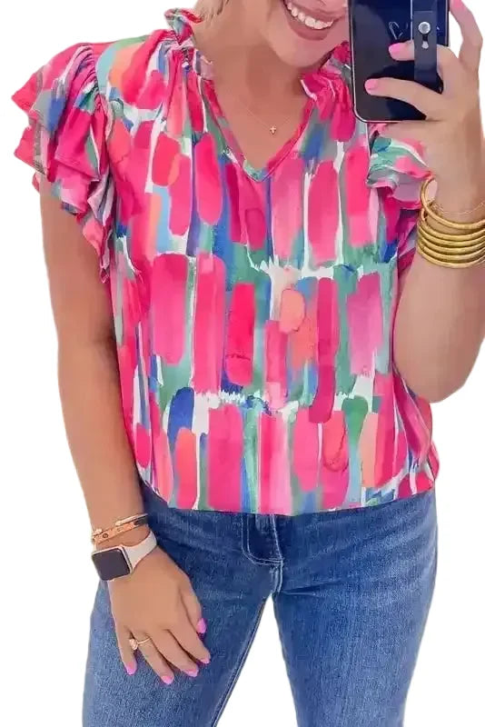 Abstract Brush Print Ruffled Cap Sleeve Frilled Blouse Women UK