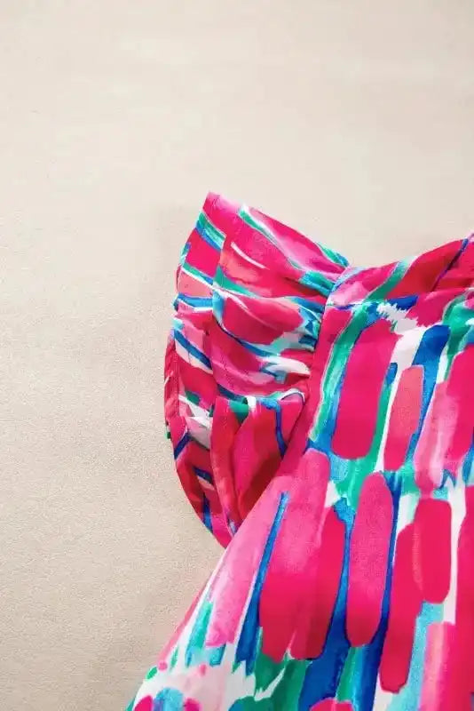 Abstract Brush Print Ruffled Cap Sleeve Frilled Blouse Women UK