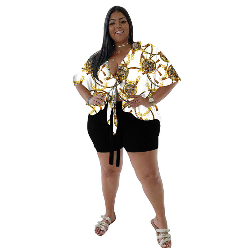 Women's Strappy Short-Sleeve Top And Printed Shorts Sports Set