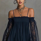 Long-sleeve Slip Dress In Solid Color With A Stretchy Boat Neck And Lace Detailing