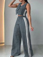 Fashionable Sleeveless Cropped Pants Suit With Pockets