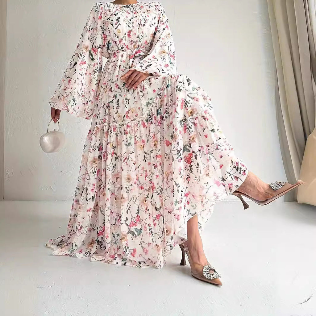 Chiffon Floral Dress With Belt Long Length Stylish And Elegant