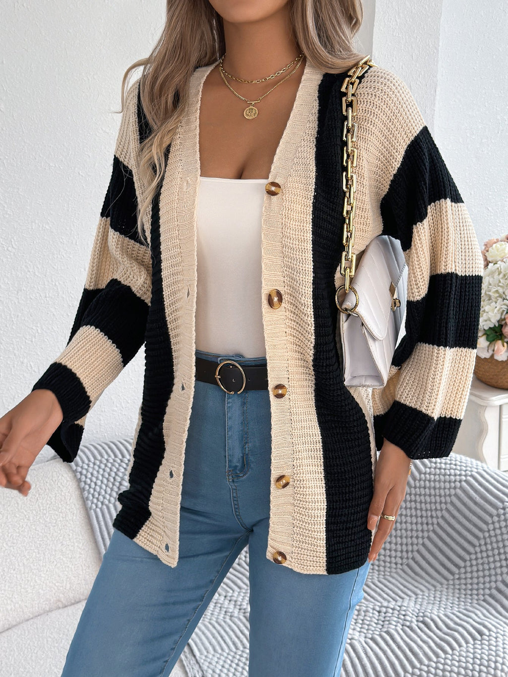 Women Color Block Stripe Bell Sleeve Long Sleeve Cardigan Sweater Coat