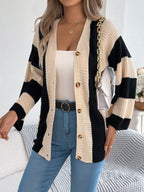 Women Color Block Stripe Bell Sleeve Long Sleeve Cardigan Sweater Coat