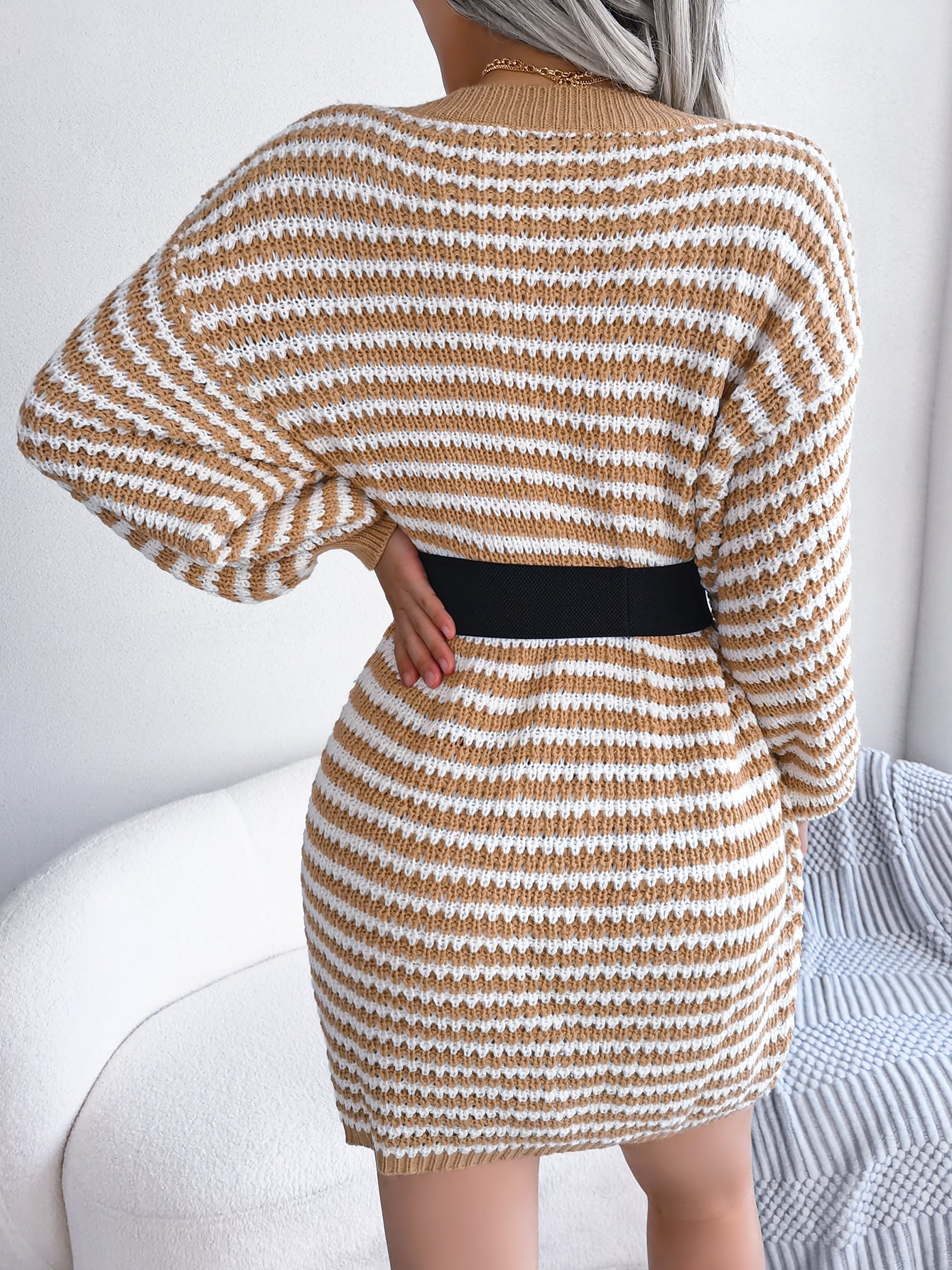 Women's Striped Lace-Up Knitted Dress