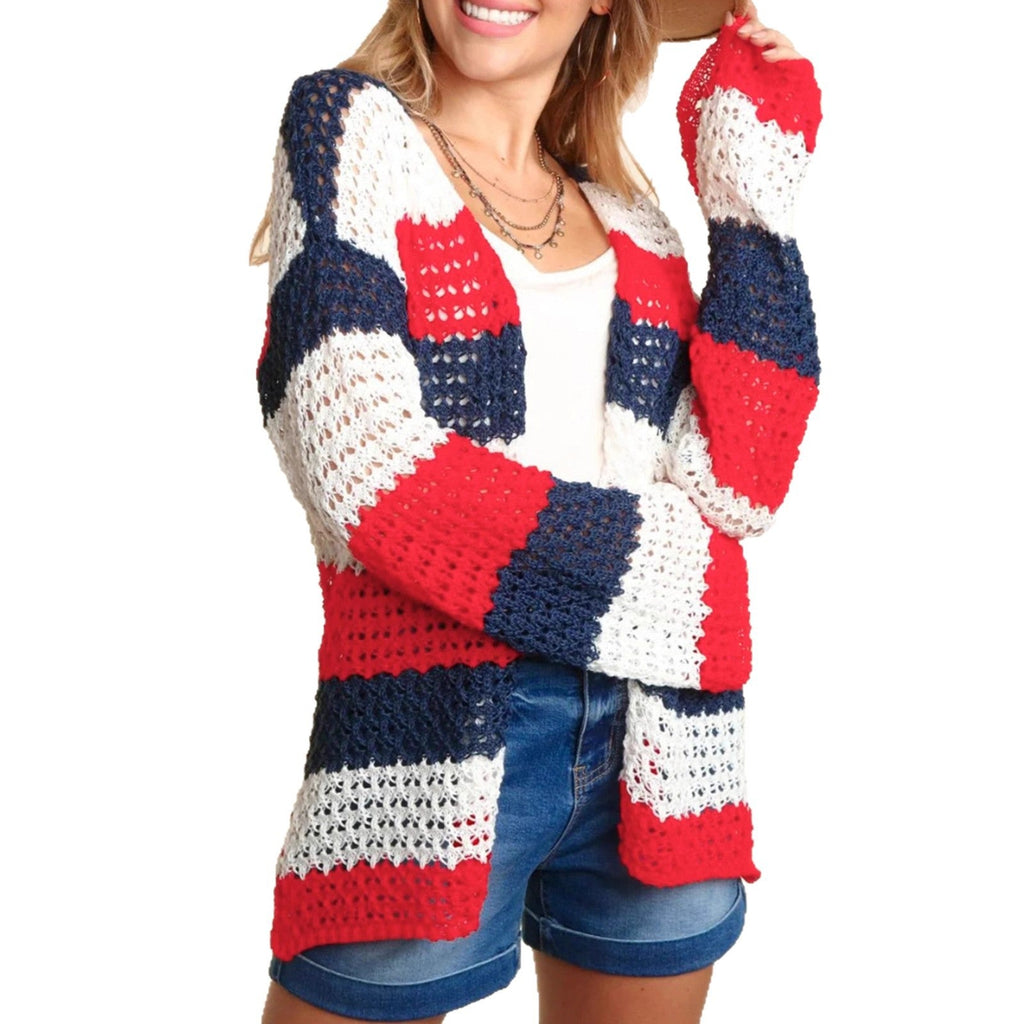 Long-sleeved Knitted Hollow-out Contrast-color Sweater Jacket