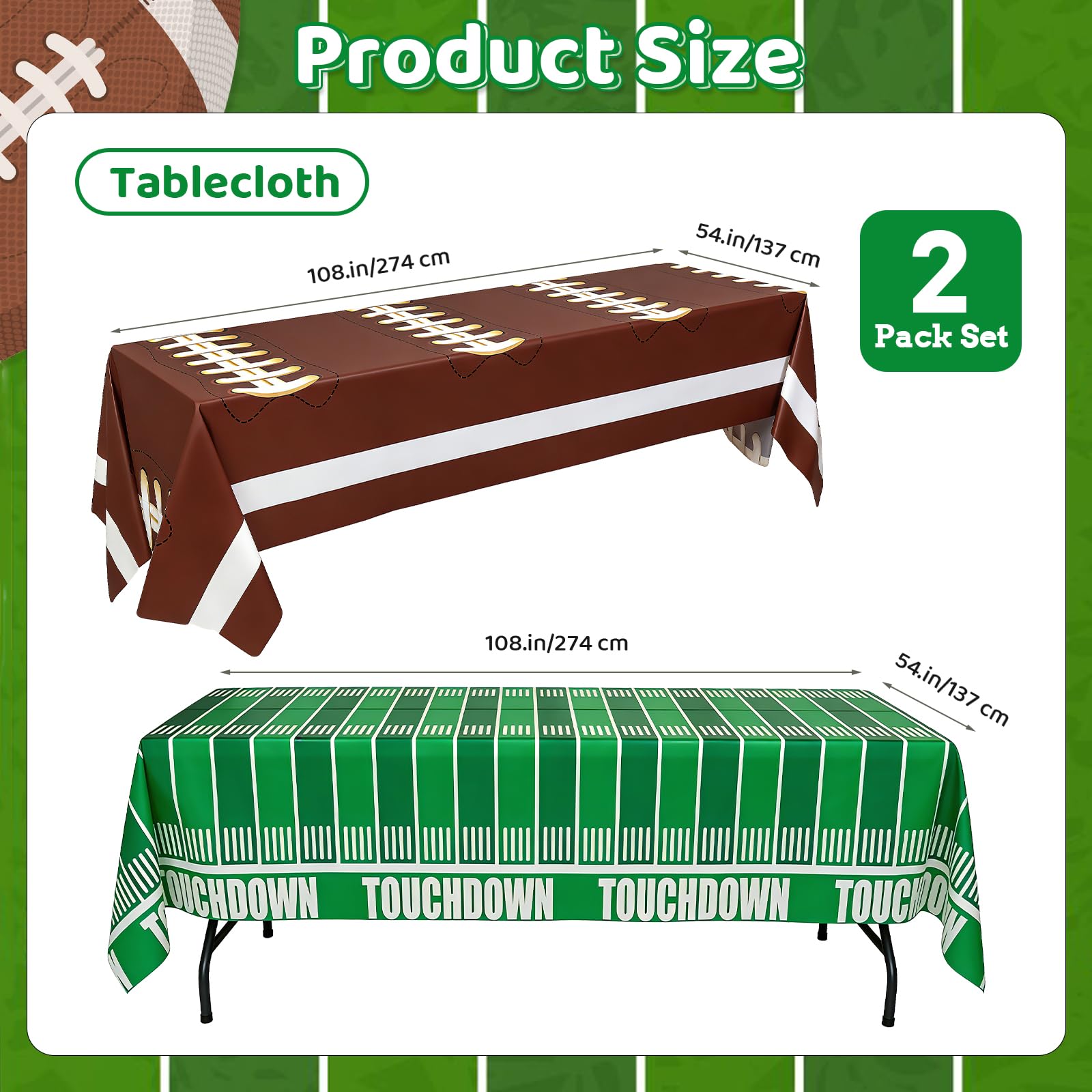 Accevo Football Party Decorations: Disposable Tablecloths 54 x 108 Inch, 2 Pack – Touchdown Theme