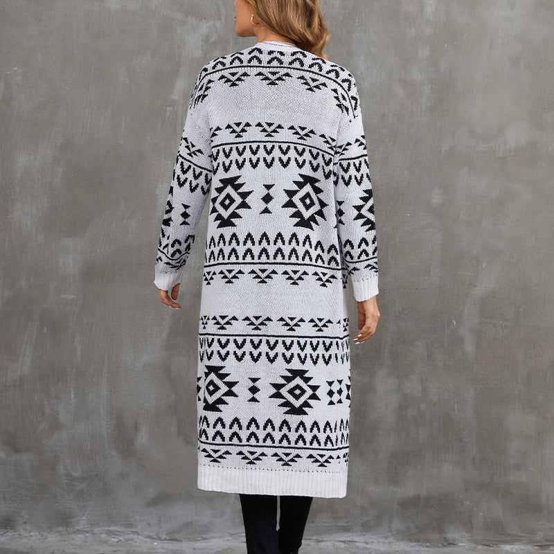 Jacquard Knit Sweater Jacket Casual Knitted Long Cardigan