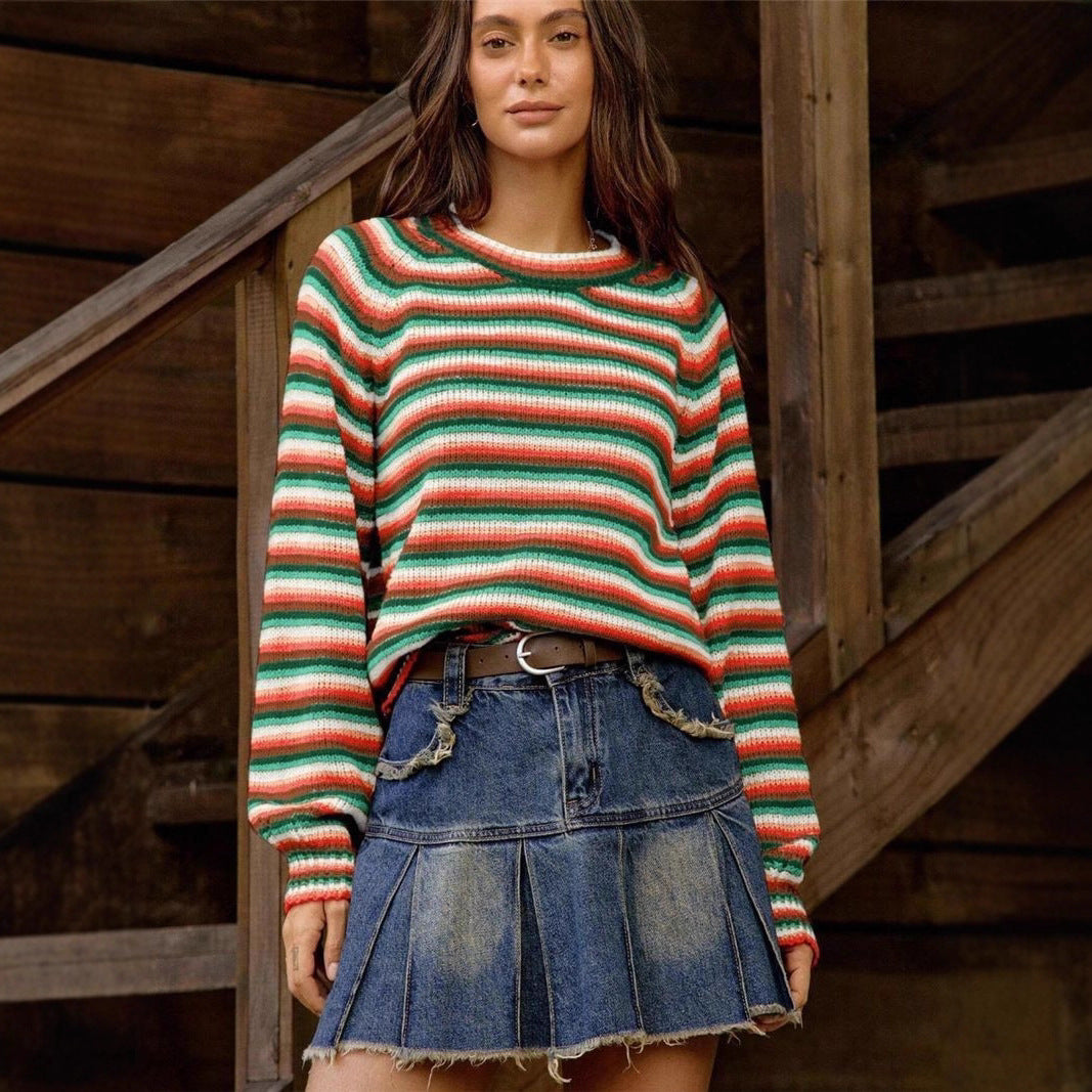 Rainbow-striped Knitted Vintage Crewneck Sweater