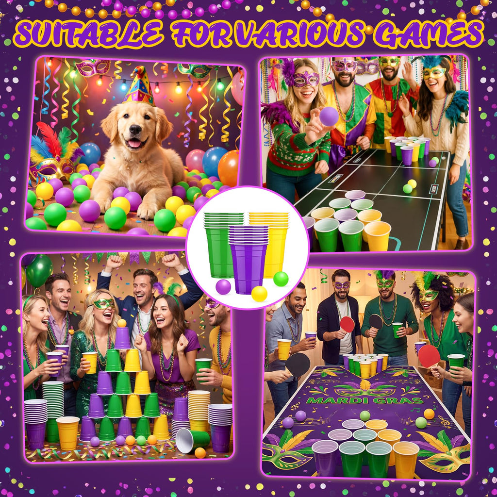 Acellegic 22 Pcs Mardi Gras Party Cup Set – 16oz Purple Green Yellow Cups & Carnival Balls for Indoor Outdoor Parties