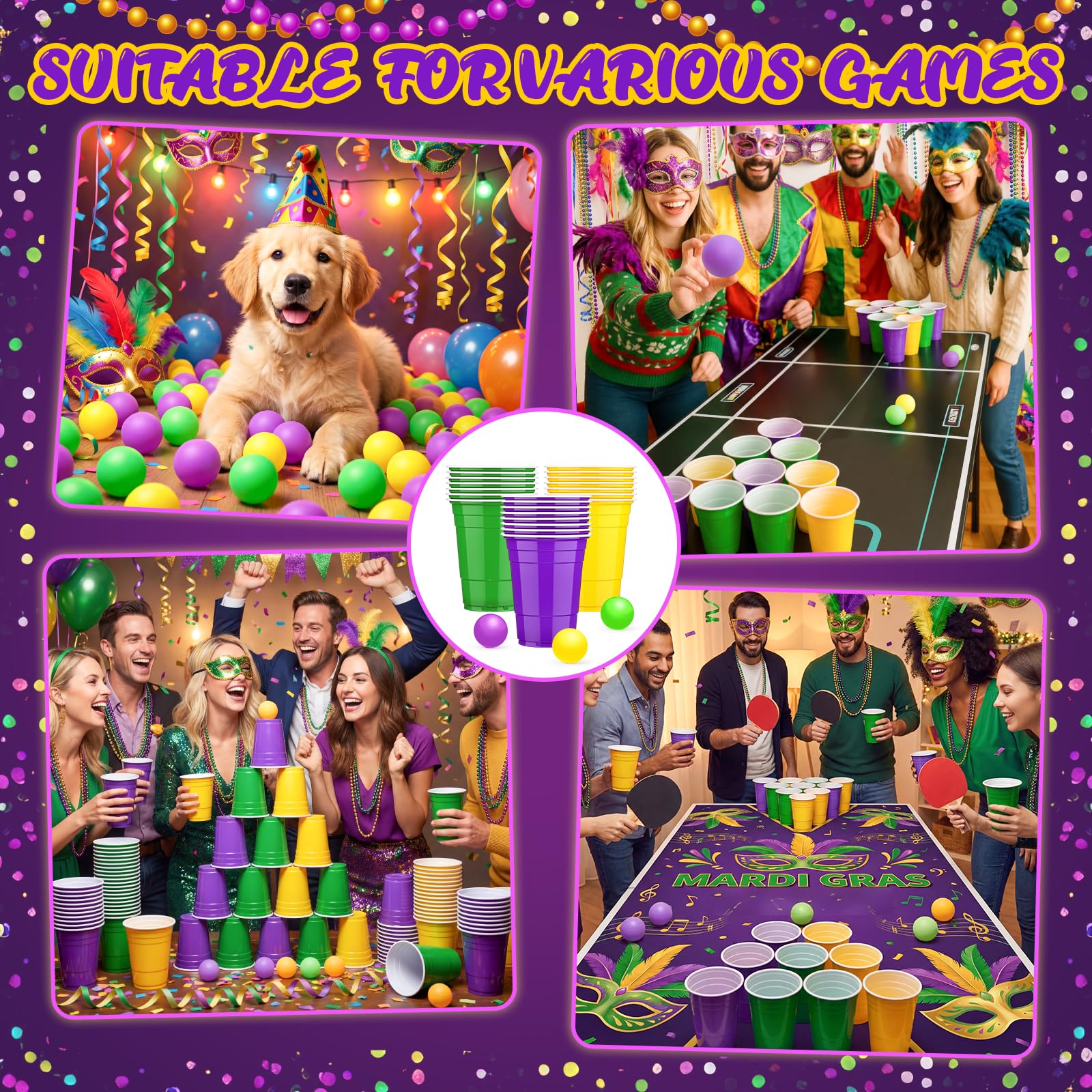 Acellegic 22 Pcs Mardi Gras Party Cup Set – 16oz Purple Green Yellow Cups & Carnival Balls for Indoor Outdoor Parties