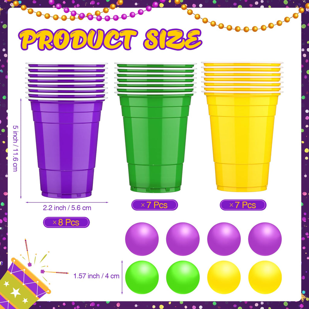 Acellegic 22 Pcs Mardi Gras Party Cup Set – 16oz Purple Green Yellow Cups & Carnival Balls for Indoor Outdoor Parties