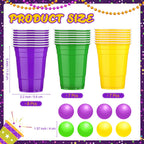 Acellegic 22 Pcs Mardi Gras Party Cup Set – 16oz Purple Green Yellow Cups & Carnival Balls for Indoor Outdoor Parties
