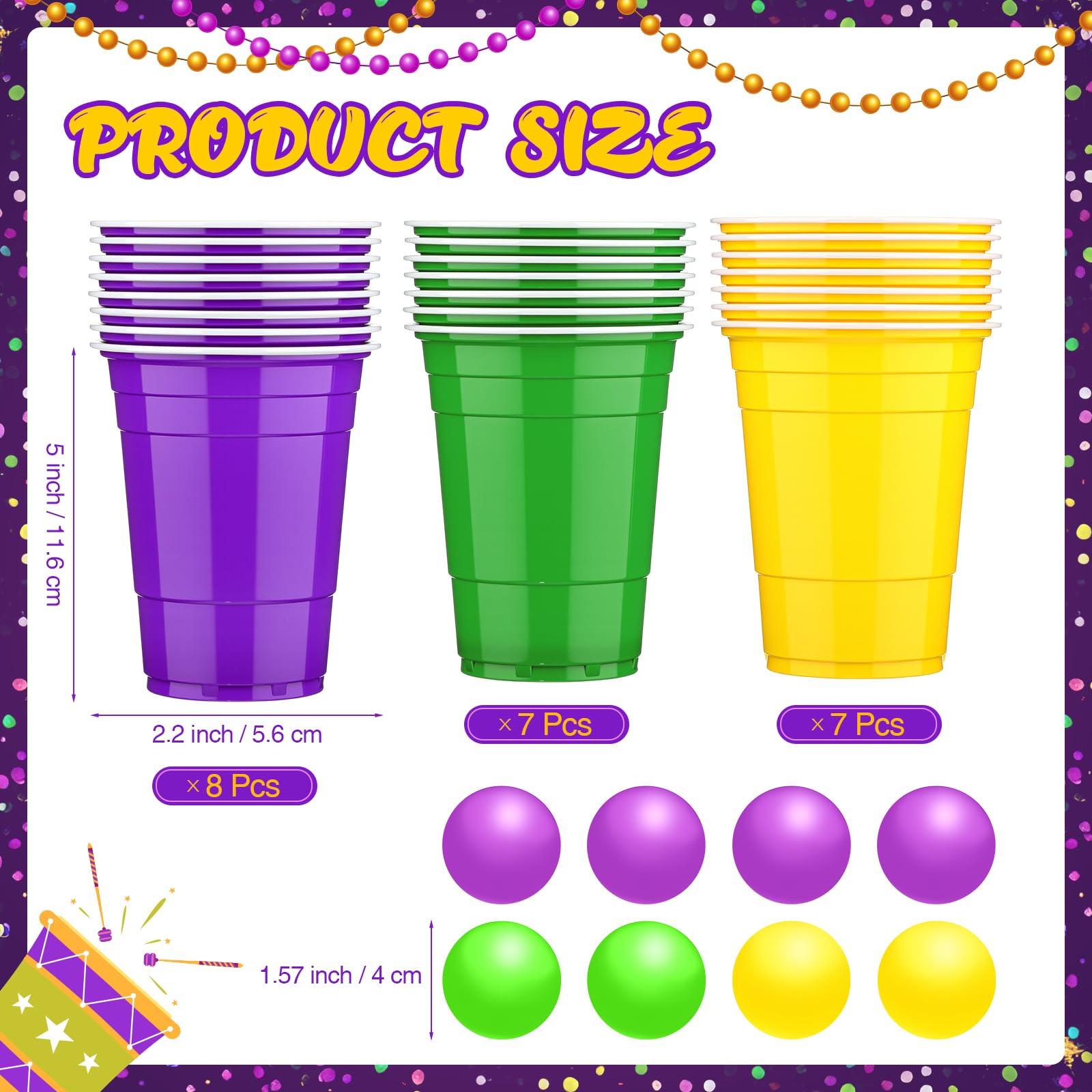 Acellegic 22 Pcs Mardi Gras Party Cup Set – 16oz Purple Green Yellow Cups & Carnival Balls for Indoor Outdoor Parties