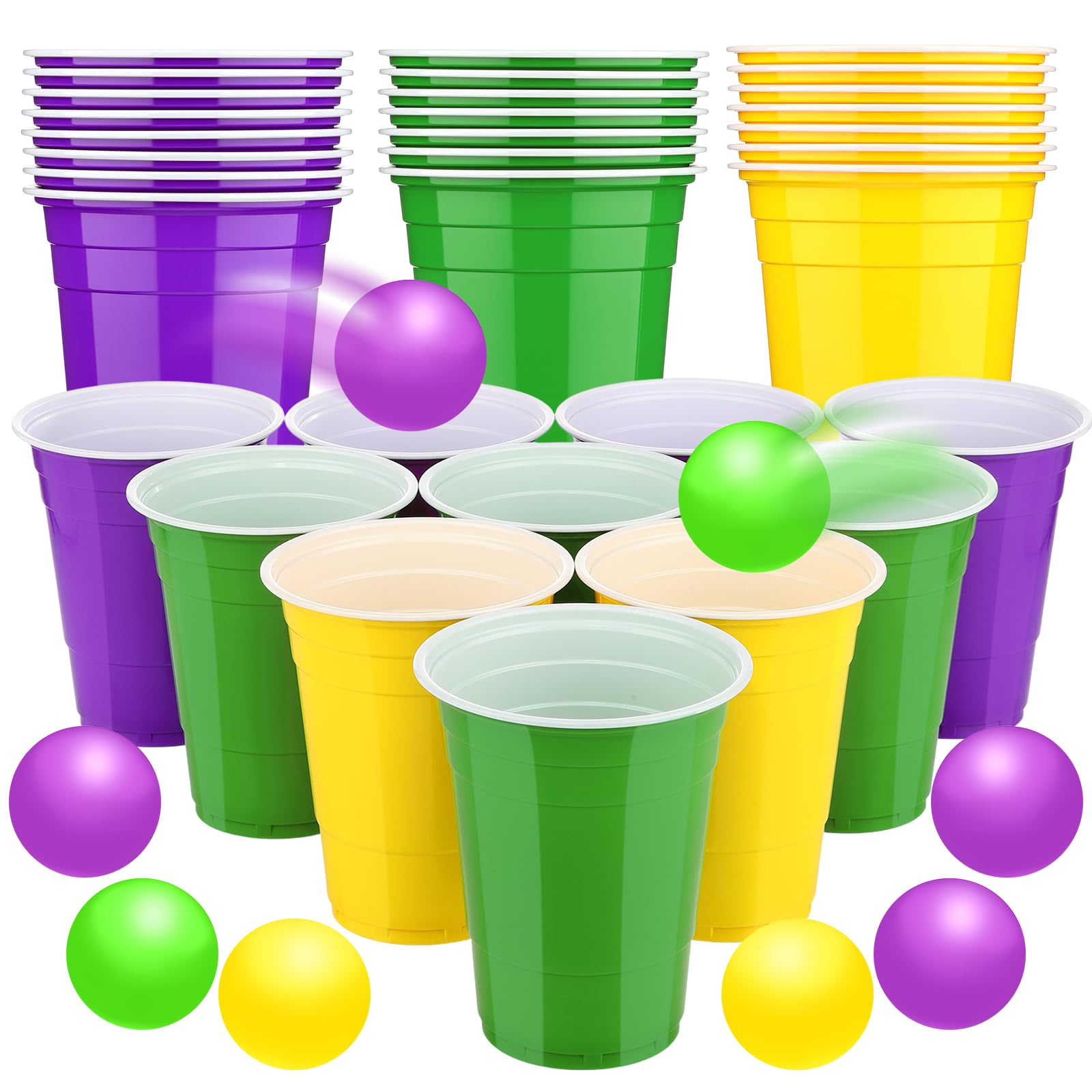 Acellegic 22 Pcs Mardi Gras Party Cup Set – 16oz Purple Green Yellow Cups & Carnival Balls for Indoor Outdoor Parties